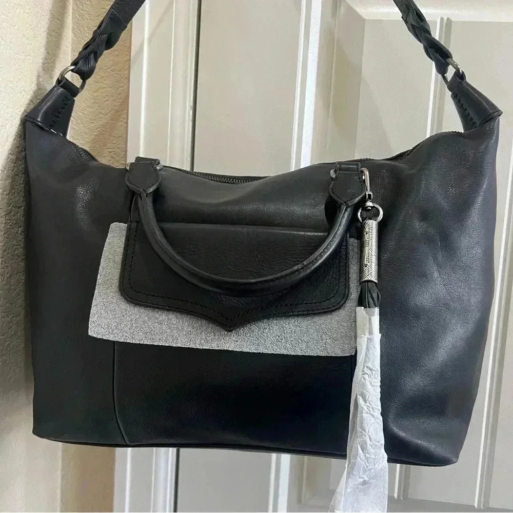 The Sak Sierra Black Leather Double Handled Satchel Purse Bag Shoulder Strap - Picture 16 of 16